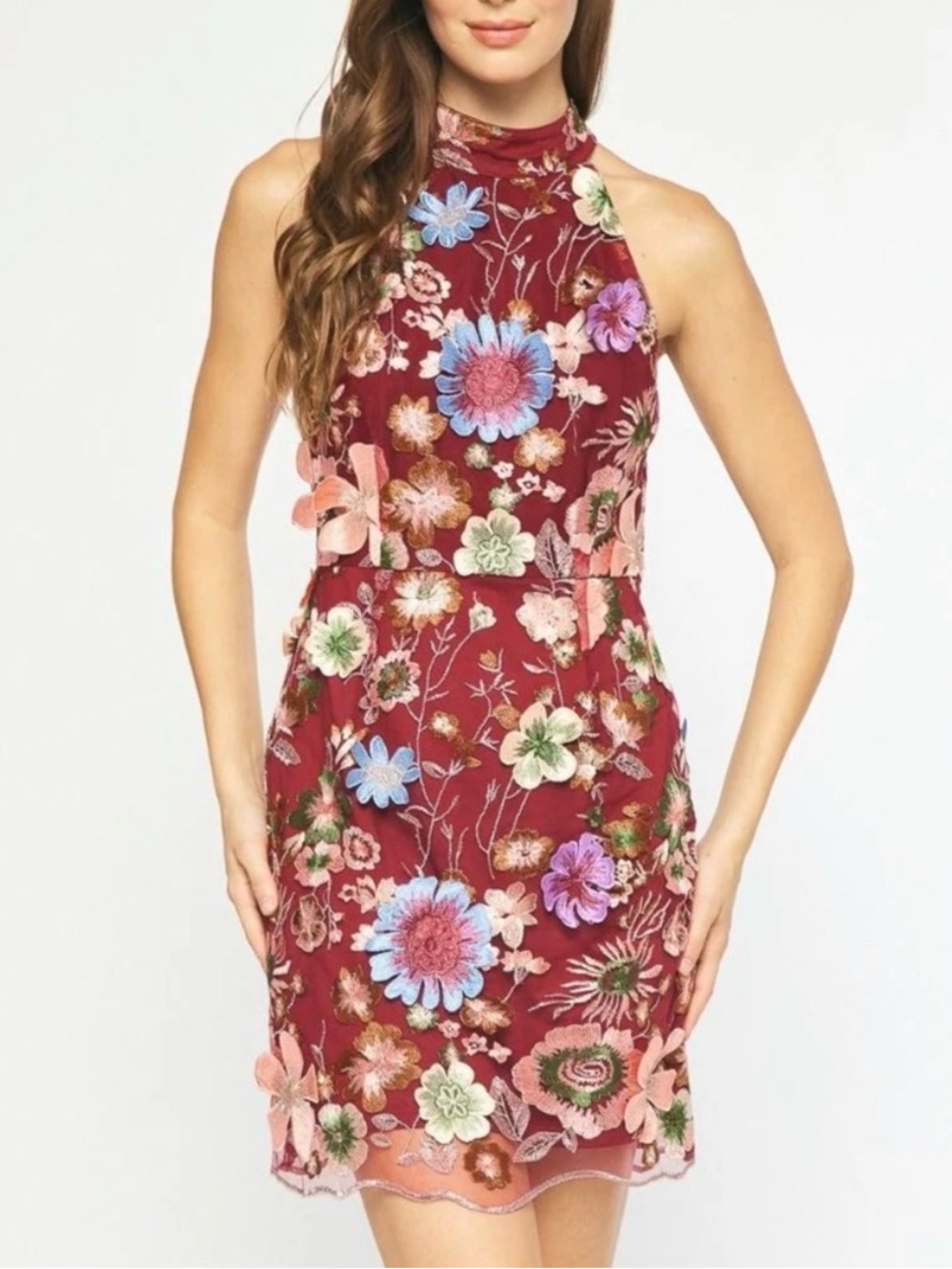 BRAND NEW WITH TAGS  entro Red Halter Backless Floral Embroidered Dress
